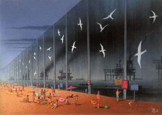 a painting of people on the beach with seagulls flying over them and buildings in the background