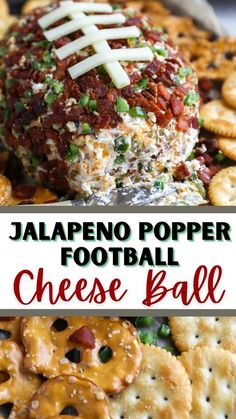 a football cheese ball with pretzels and crackers on the side is shown