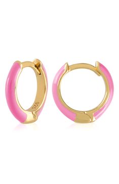 Easy-to-wear hoop earrings will add significant polish to even your most casual ensembles. 1/2" drop; 1/8" width Hinge with snap-post closure Sterling silver with goldtone plate/enamel Imported Nickel-free Pink Huggie Hoop Earrings, Pink Nickel-free Huggie Hoop Earrings, Pink Huggie Hoop Earrings Nickel Free, Pink Enamel Hoop Earrings, Pink Hypoallergenic Small Hoop Huggie Earrings, Nickel-free Enamel Round Hoop Earrings, Nickel Free Enamel Hoop Jewelry, Nickel-free Enamel Hoop Jewelry, Gold Enamel Hoop Huggie Earrings