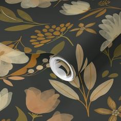 a wallpaper with flowers and leaves in gold, grey, and white on a dark background