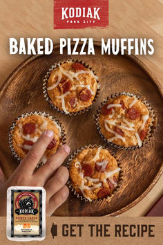 an advertisement for kodiak's baked pizza muffins