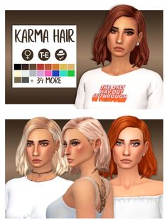 three different types of female hair for the simssima avatars and their names