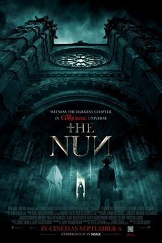 the nun movie poster with two people standing in front of an entrance to a building