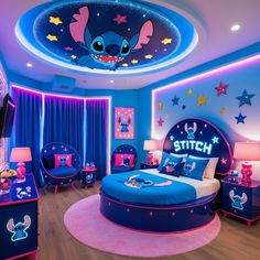 a bedroom decorated in blue and pink with lots of stars on the ceiling, including a bed