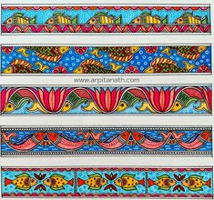 four different colored designs on white paper with blue and red colors, each featuring fish