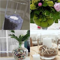 four different vases with flowers and candles in them, one is filled with rocks