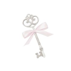 a silver key with a pink bow tied around it's end on a white background