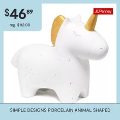 a white ceramic animal with gold horns on it's head for $ 46 99