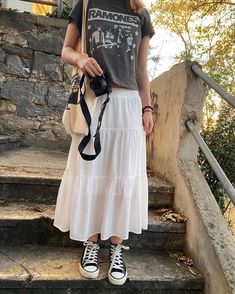 Bracelets With Outfits, Long Black Skirt With Converse, Sundress With Sweater Over It, Dress And Converse Outfit Aesthetic, Midi Skirt With Converse, Converse Cute Outfits, Converse And Long Skirt, Long Skirts With Converse, Casual School Dresses