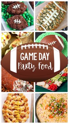 game day party food collage with football and pies