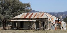 an old run down house with rusted tin roof and trees in the foreground