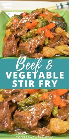 beef and vegetable stir fry on a green plate