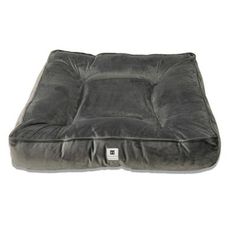 a dog bed that is grey and has a square shaped cushion on the bottom of it