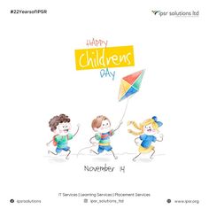 an advertisement for children's day with three kids flying a kite and the words happy children