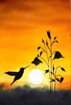 a painting of two birds flying in front of a sunset with the sun behind them