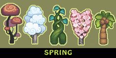 an image of pixel art with flowers and trees on it's side that says spring