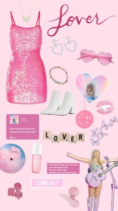 a pink poster with various items on it and the words love written in cursive writing