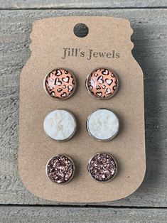 Rose Gold Leopard Heart Faux Druzy Earring 3 Set - Jill's Jewels | Unique, Handcrafted, Trendy, And Fun Jewelry Diy Cabochon Earrings, Diy Druzy Earrings, Handmade Jewelry Display, December Jewelry, Shalwar Design, Bestie Stuff, 3 Earrings, Cabochon Earrings, Craft Display