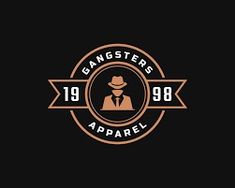 the logo for gangster apparel, featuring a man with a hat and tie in a circle