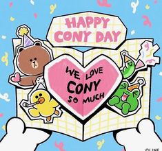 someone holding an open book with stickers on it that says happy cony day