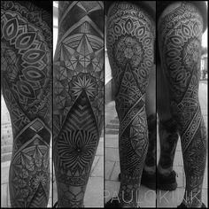 the legs and ankles of a man with intricate tattoos on his legs, both showing geometric designs