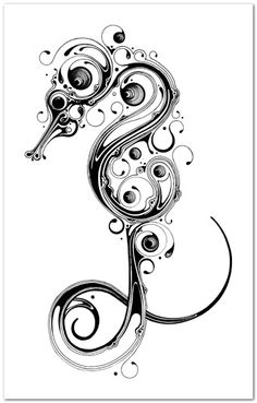 an artistic black and white drawing of a sea horse with swirls on it's tail