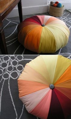 two pictures of a multicolored umbrella sitting on the floor next to a chair