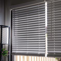 a window with white blinds and flowers on the windowsill