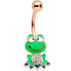 14 Gauge (1.6mm), 3/8" (10mm), Rose Gold Tone Plated over 316L Surgical Grade Stainless Steel Curved Barbell, 5mm Top Ball End Clear Gem Rose Gold Tone Green Goofy Frog Belly Ring This frog is so happy to be in your navel piercing that he's absolutely goofy with glee! This 14 gauge navel ring is made with a 3/8" rose gold tone plated over 316L surgical grade stainless steel curved barbell with a 5mm top ball end. The bottom end features a whimsical green frog charm with clear gems. It's wearing Goofy Frog, Gold Belly Button Rings, Conch Piercing Jewelry, Pregnancy Belly Rings, Horseshoe Jewelry, Belly Piercing Jewelry, Jewelry Promotion, Gold Body Jewellery, Ear Hangers