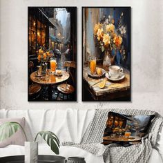 two paintings on the wall of a living room with furniture and flowers in vases