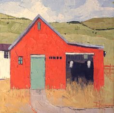 an oil painting of a red barn with two cows in the doorway and green grass behind it