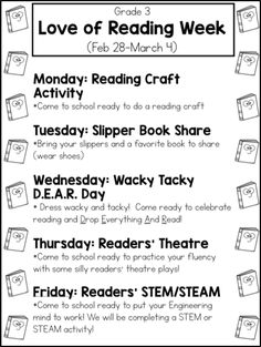 the love of reading week poster with instructions for each student's book to read