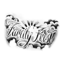 the word family first written in black and white ink on a white background with clouds