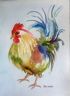 a watercolor painting of a colorful rooster