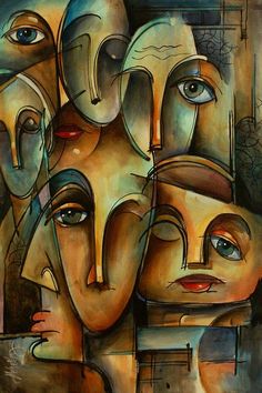 an abstract painting with many faces and shapes