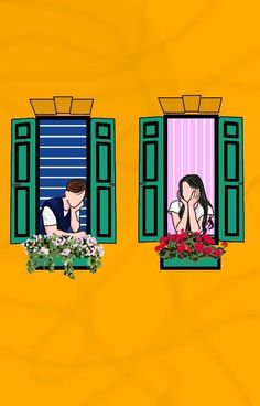 two people are sitting in the window sill looking at each other and one is holding a flower pot