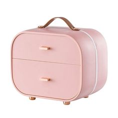 a pink suitcase with two drawers and handles on it's sides, against a white background