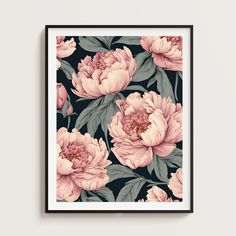 a floral print with pink peonies and green leaves