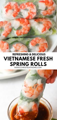 shrimp spring rolls with dipping sauce on the side and text overlay reading refreshing & delicious vietnamese fresh spring rolls