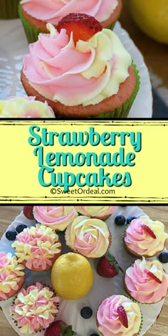 strawberry lemonade cupcakes with fresh strawberries on top