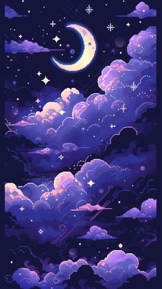 the night sky with stars and clouds in it, as well as a crescent moon