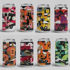 six cans of beer with different designs on them