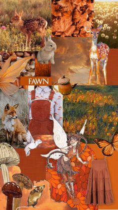 the collage has many different pictures and animals on it, including deers, birds, mushrooms, trees, flowers, and other things