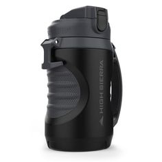 thermos water bottle is black and has a strap around it's neck