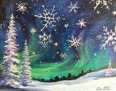 an acrylic painting of snowflakes and trees