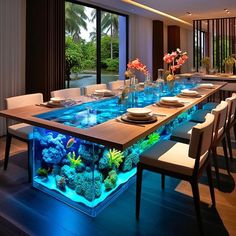 Aquarium Dining Table, Aquarium Restaurant Design, Aquarium Furniture Ideas, Aquarium At Home, Aquarium Restaurant, Aquarium Table, Table Aquarium, Fish Tank Coffee Table, Aquarium Coffee Table