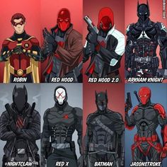 four different versions of batman and red hood characters