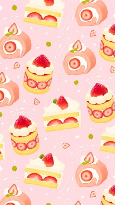 a pink background with some desserts and strawberries on top of each other,