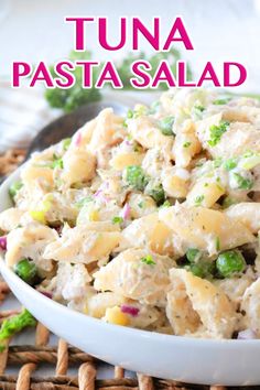 tuna pasta salad in a white bowl on a table