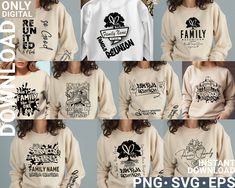 six different sweatshirts with the words family printed on them, all in black and white